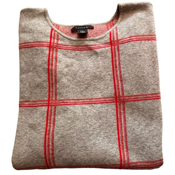 TAHARI Light Gray & Red Plaid 3/4 Cuffed Sleeve Scoop Neck Sweater Size 2X - Picture 4 of 7